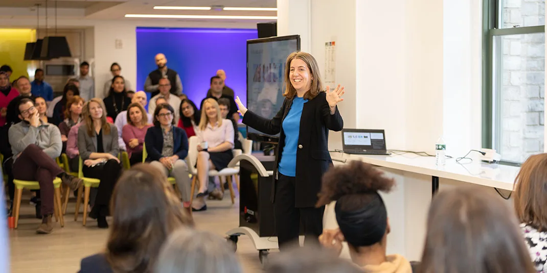 Elsevier CEO Kumsal Bayazit gives a town hall in the New York office. (Photo by Alison Bert)